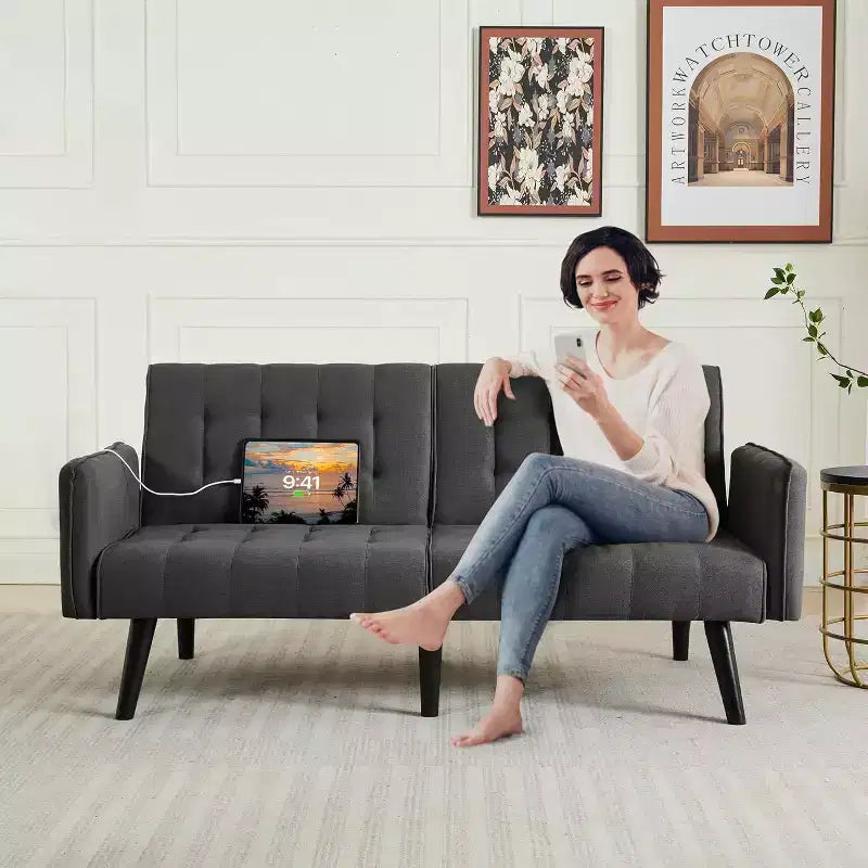 Canapé-lit futon convertible en similicuir, canapé rembourré moderne avec USB