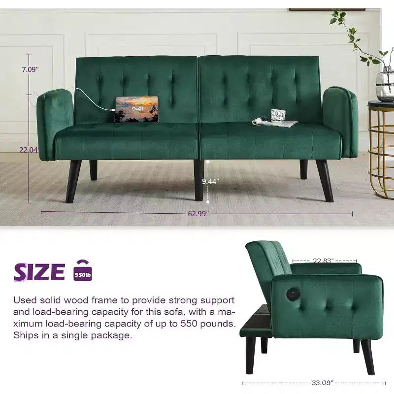 Canapé-lit futon convertible en similicuir, canapé rembourré moderne avec USB