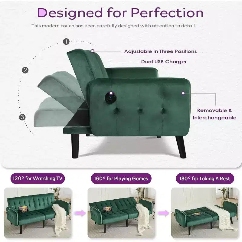 Canapé-lit futon convertible en similicuir, canapé rembourré moderne avec USB