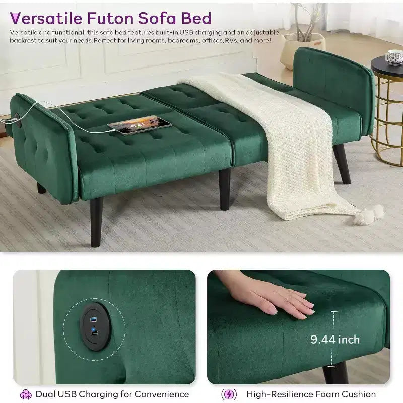 Canapé-lit futon convertible en similicuir, canapé rembourré moderne avec USB