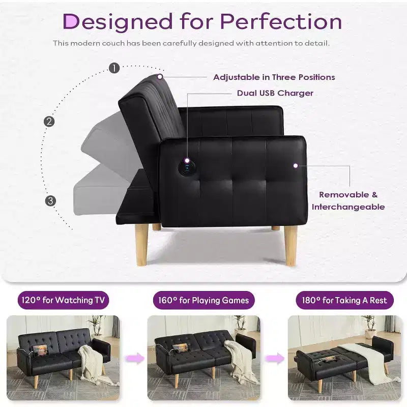 Canapé-lit futon convertible en similicuir, canapé rembourré moderne avec USB