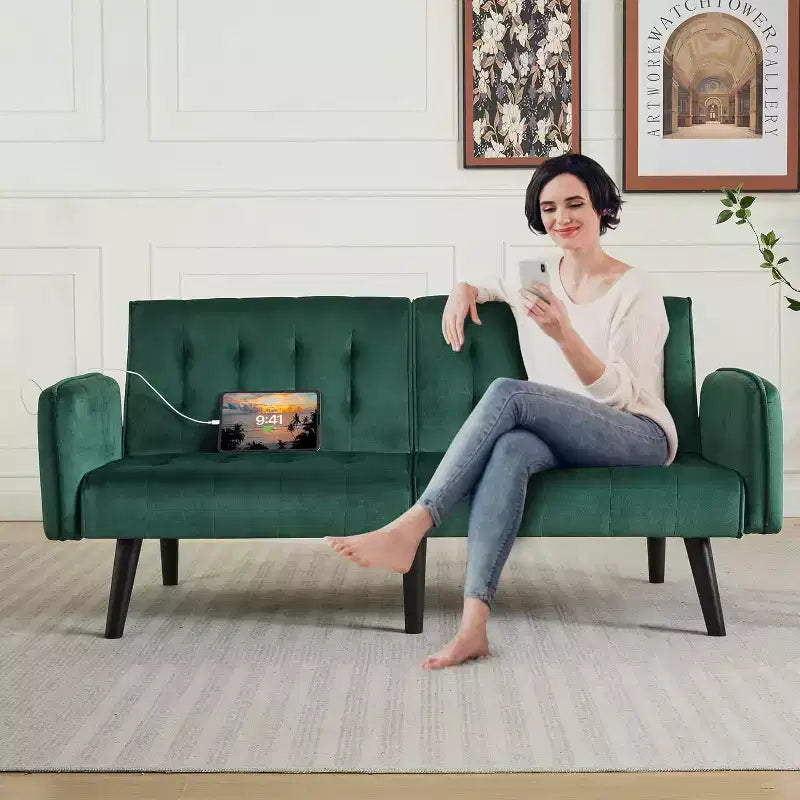 Canapé-lit futon convertible en similicuir, canapé rembourré moderne avec USB