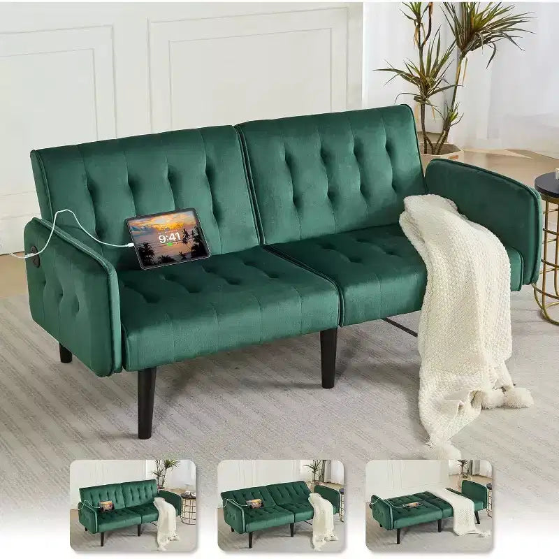 Canapé-lit futon convertible en similicuir, canapé rembourré moderne avec USB