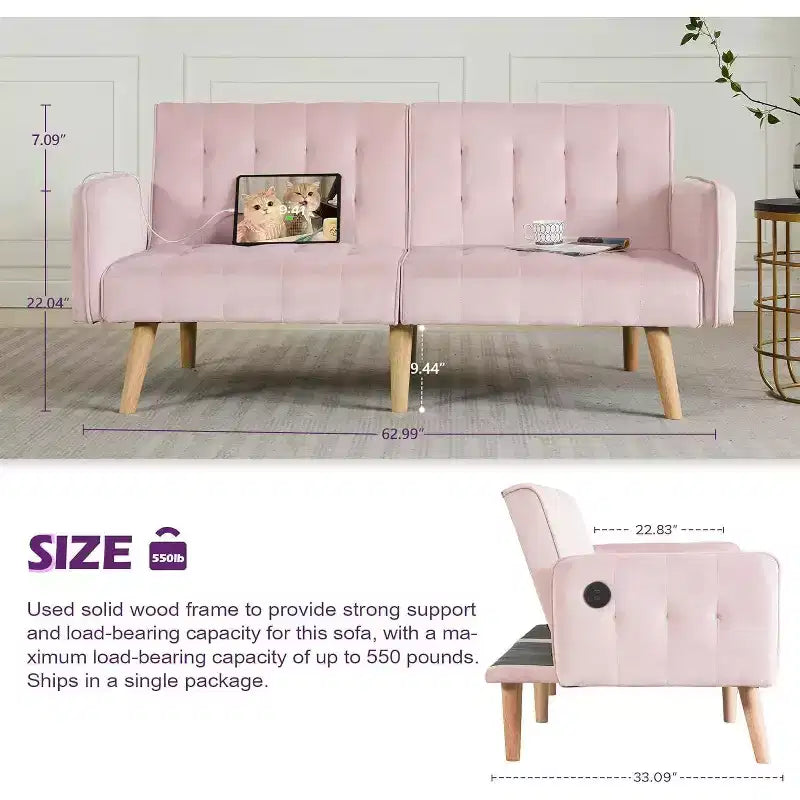 Canapé-lit futon convertible en similicuir, canapé rembourré moderne avec USB