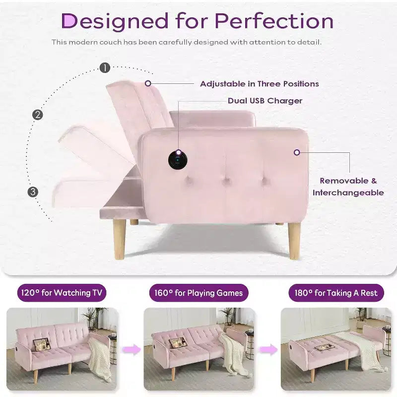 Canapé-lit futon convertible en similicuir, canapé rembourré moderne avec USB