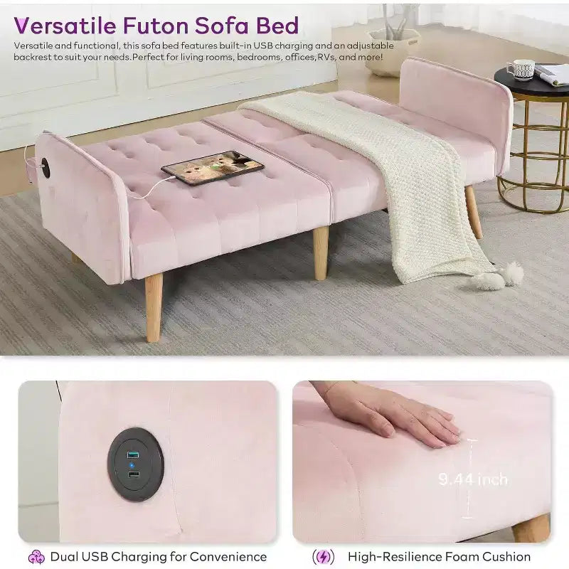 Canapé-lit futon convertible en similicuir, canapé rembourré moderne avec USB