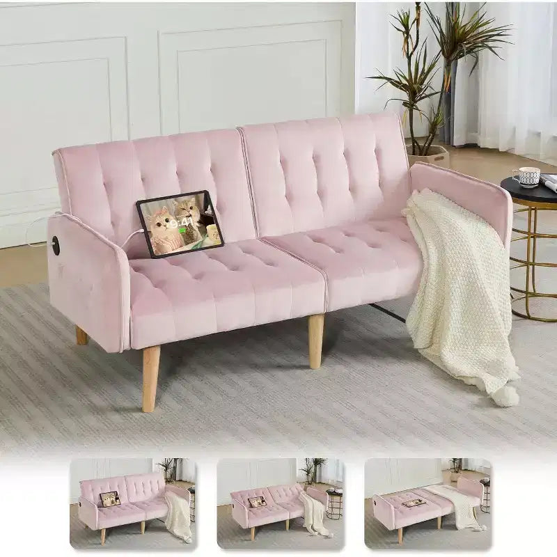 Canapé-lit futon convertible en similicuir, canapé rembourré moderne avec USB