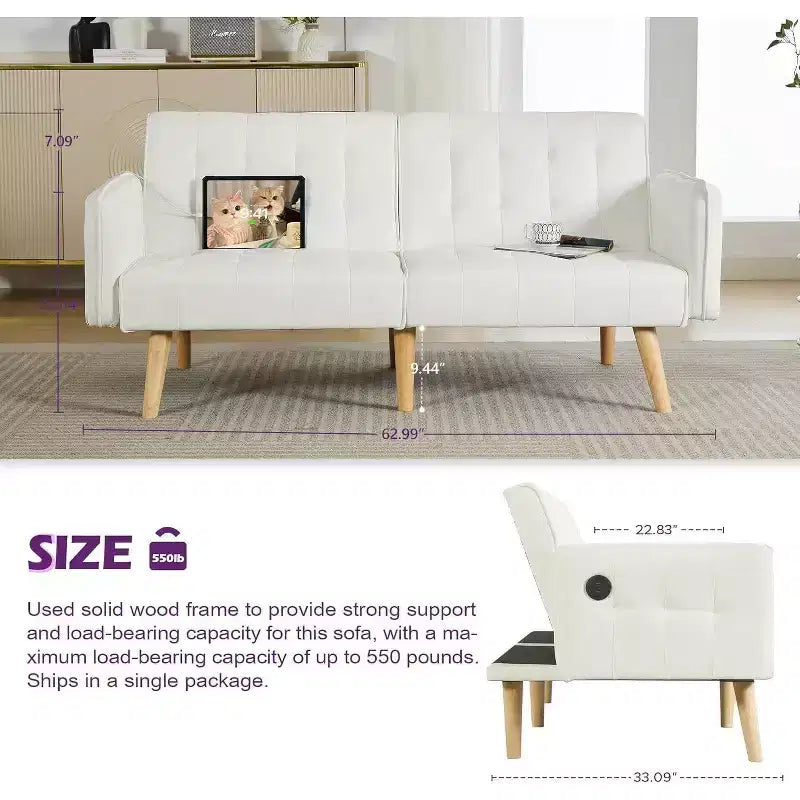 Canapé-lit futon convertible en similicuir, canapé rembourré moderne avec USB