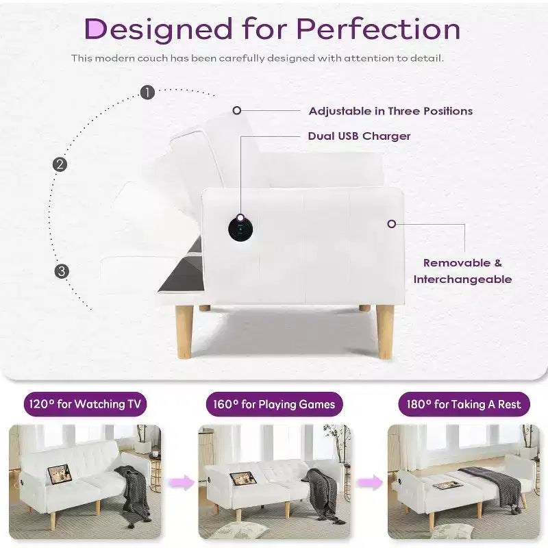 Canapé-lit futon convertible en similicuir, canapé rembourré moderne avec USB