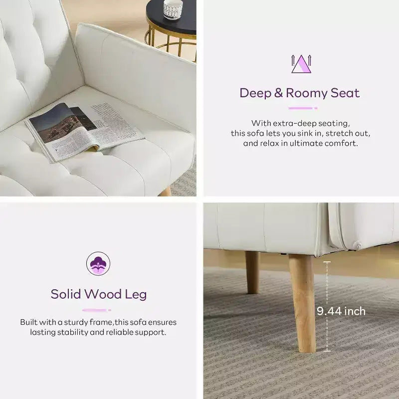 Canapé-lit futon convertible en similicuir, canapé rembourré moderne avec USB