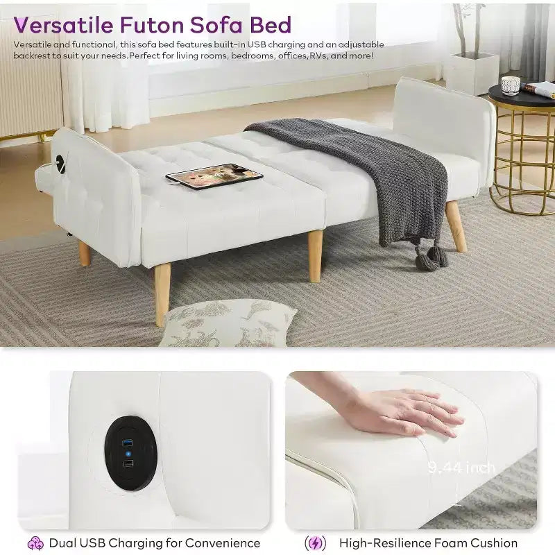 Canapé-lit futon convertible en similicuir, canapé rembourré moderne avec USB