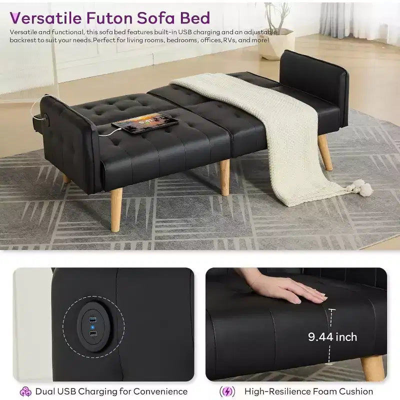 Canapé-lit futon convertible en similicuir, canapé rembourré moderne avec USB
