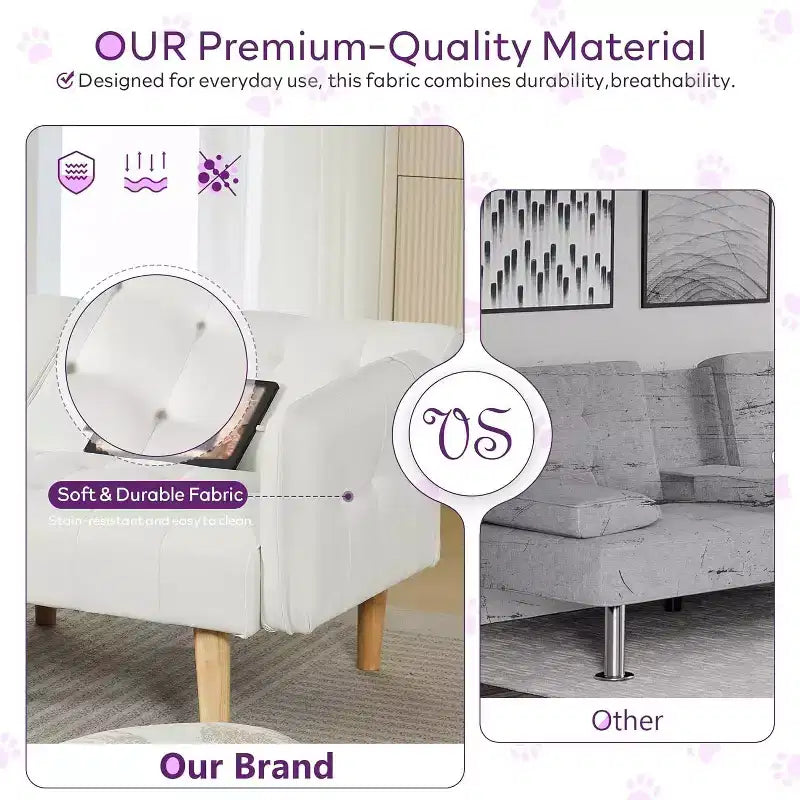 Canapé-lit futon convertible en similicuir, canapé rembourré moderne avec USB
