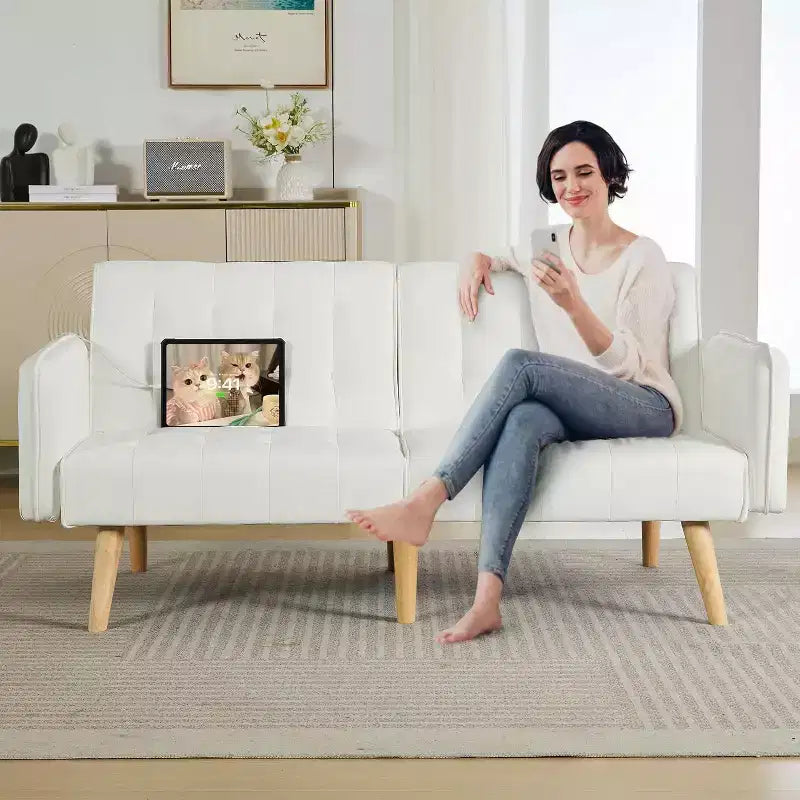 Canapé-lit futon convertible en similicuir, canapé rembourré moderne avec USB