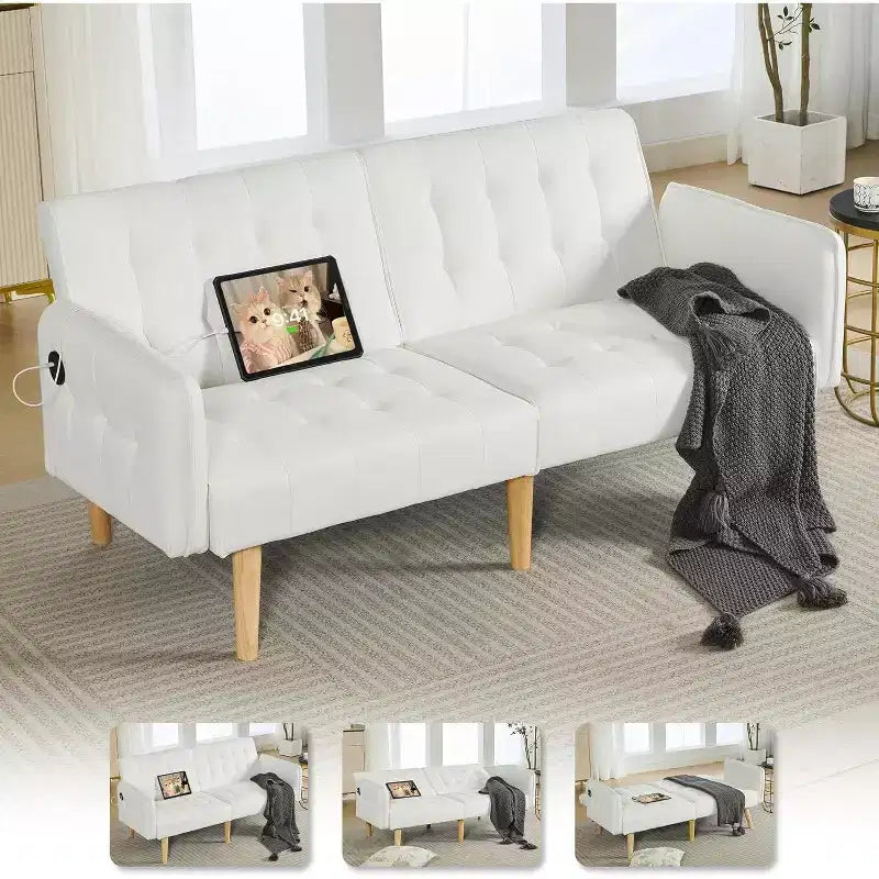 Canapé-lit futon convertible en similicuir, canapé rembourré moderne avec USB
