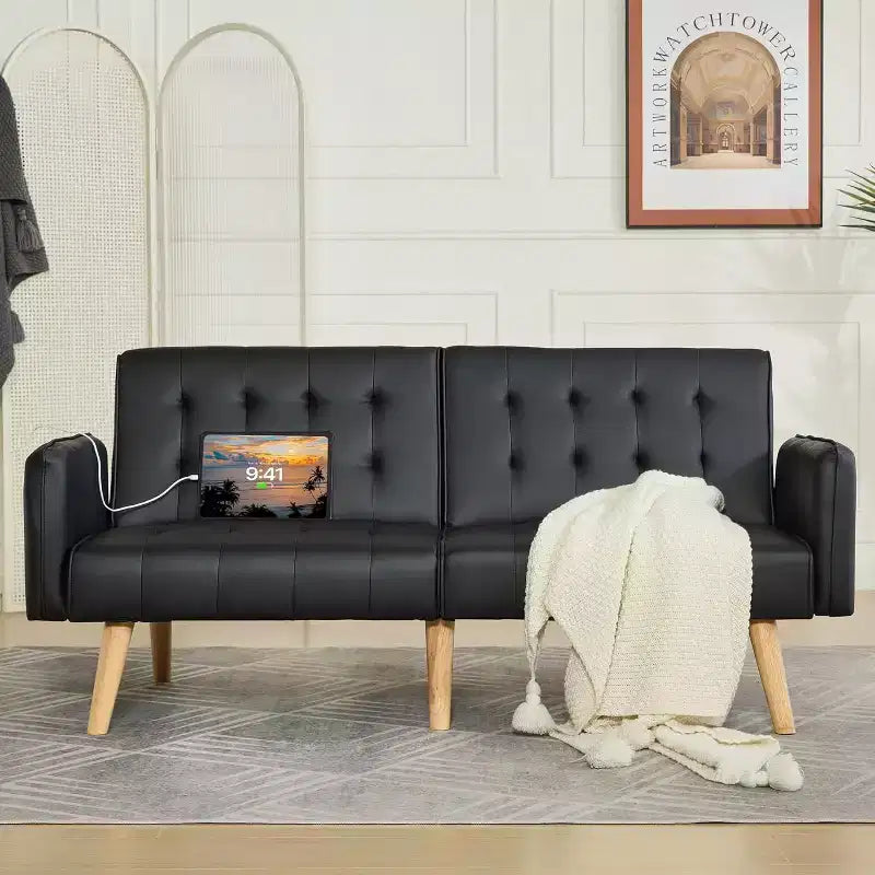 Canapé-lit futon convertible en similicuir, canapé rembourré moderne avec USB