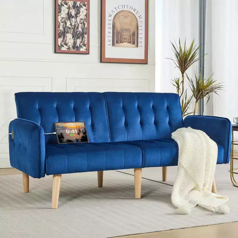 Canapé-lit futon convertible en similicuir, canapé rembourré moderne avec USB