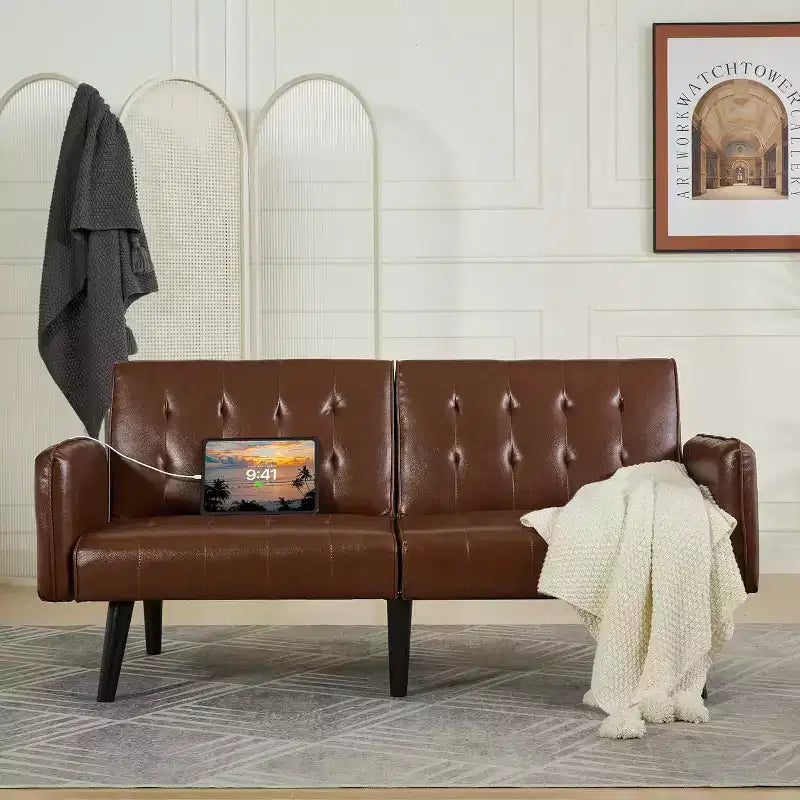 Canapé-lit futon convertible en similicuir, canapé rembourré moderne avec USB