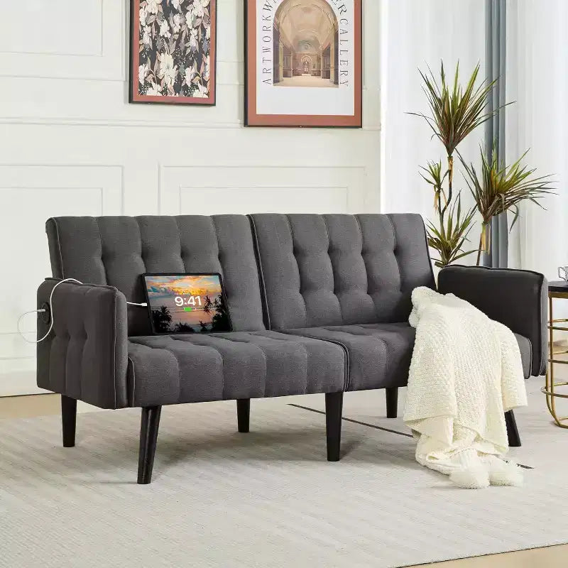 Canapé-lit futon convertible en similicuir, canapé rembourré moderne avec USB
