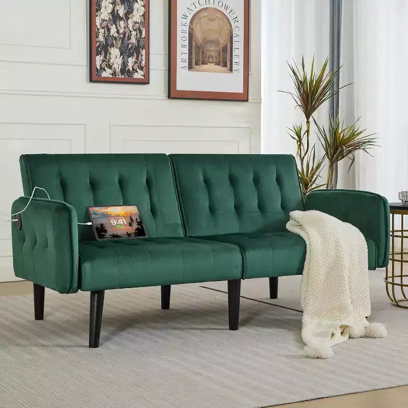 Canapé-lit futon convertible en similicuir, canapé rembourré moderne avec USB
