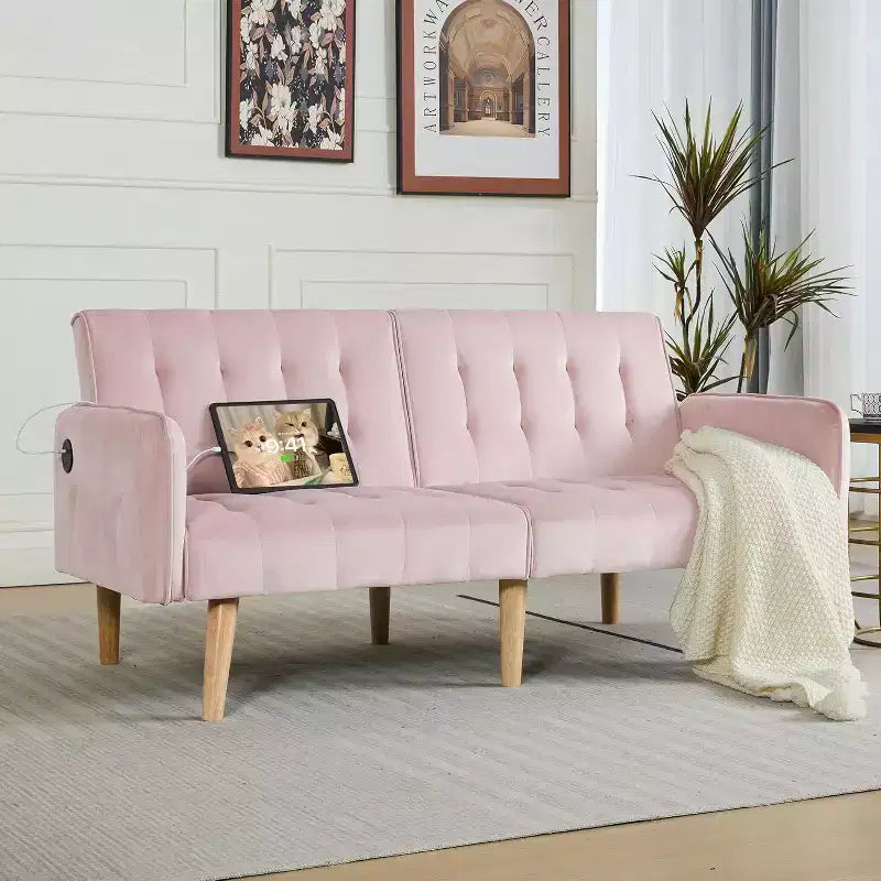 Canapé-lit futon convertible en similicuir, canapé rembourré moderne avec USB