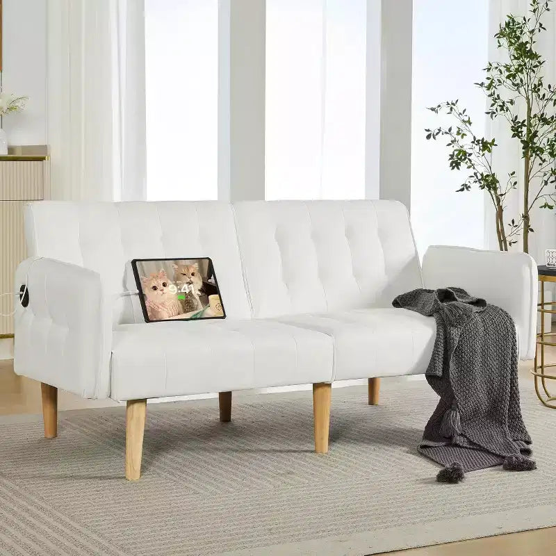 Canapé-lit futon convertible en similicuir, canapé rembourré moderne avec USB