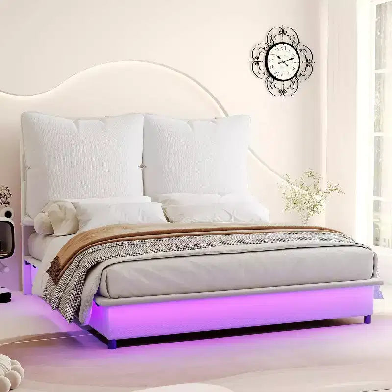 Cadre de lit LED avec tête de lit et coussins rembourrés amovibles
