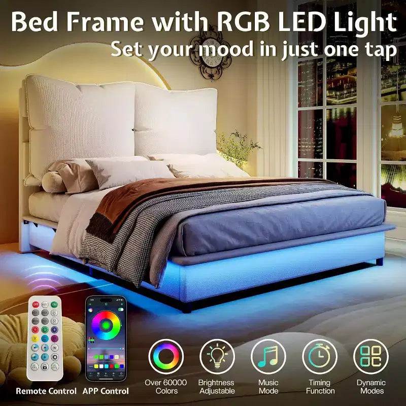Cadre de lit LED avec tête de lit et coussins rembourrés amovibles