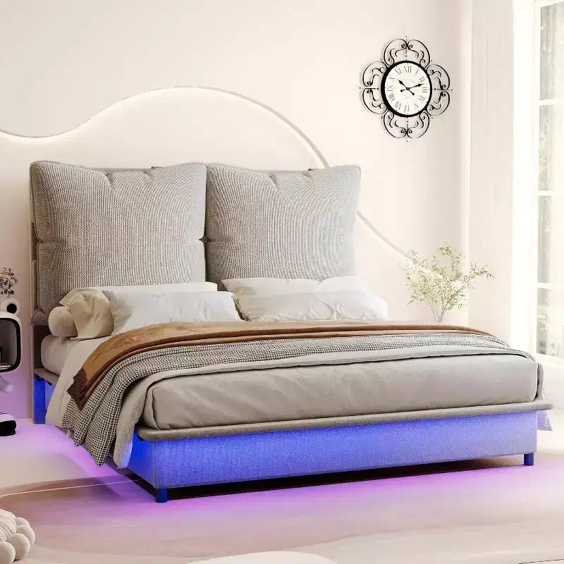 Cadre de lit LED avec tête de lit et coussins rembourrés amovibles