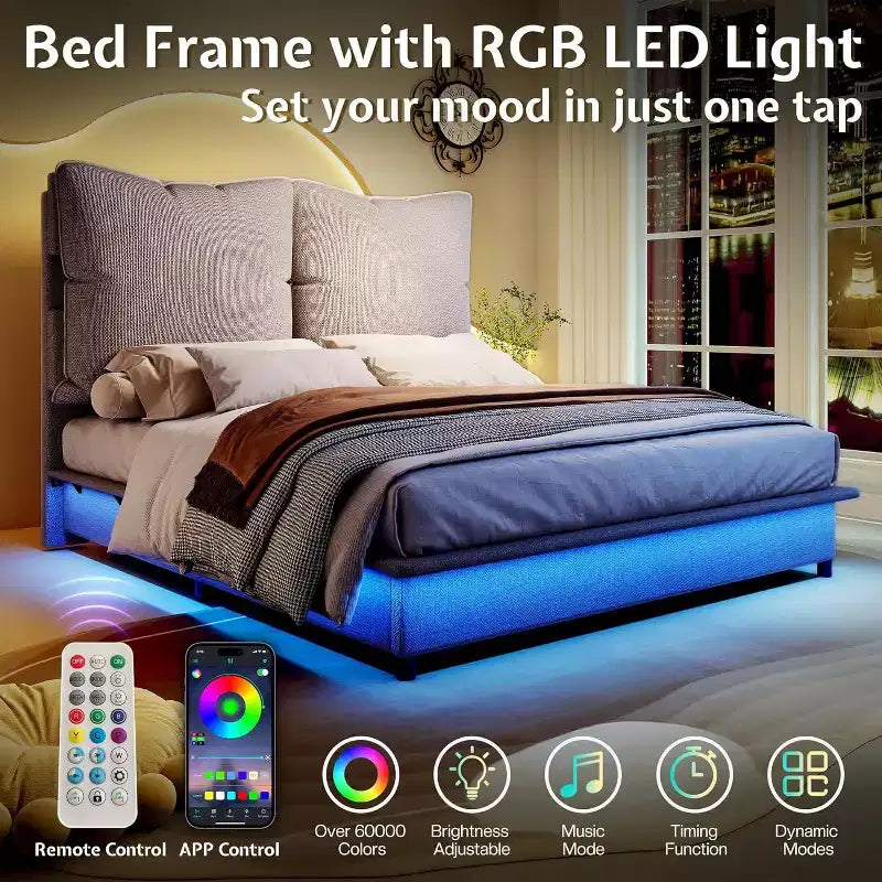 Cadre de lit LED avec tête de lit et coussins rembourrés amovibles