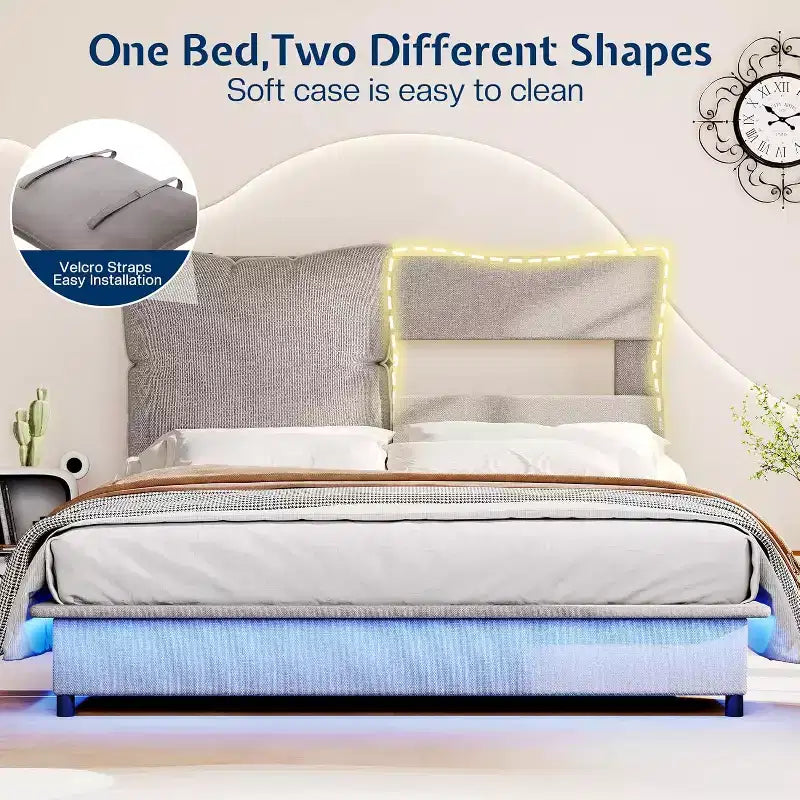 Cadre de lit LED avec tête de lit et coussins rembourrés amovibles