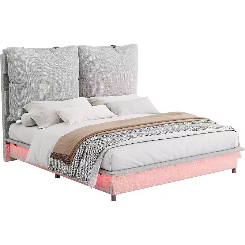 AMERLIFE LED Bed Frame with Headboard and Removable Upholstered Cushions, No Box Spring Needed
