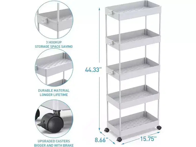 Chariot de rangement roulant mince à 5 niveaux, organiseur mobile multifonctionnel pour salle de bain