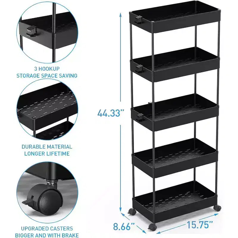 Chariot de rangement roulant mince à 5 niveaux, organiseur mobile multifonctionnel pour salle de bain