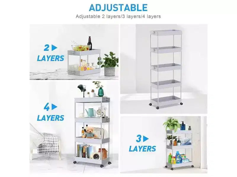 Chariot de rangement roulant mince à 5 niveaux, organiseur mobile multifonctionnel pour salle de bain