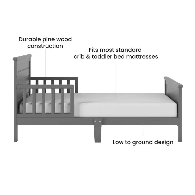 Lit pour enfant avec barrières de sécurité, design bas au sol, en pin