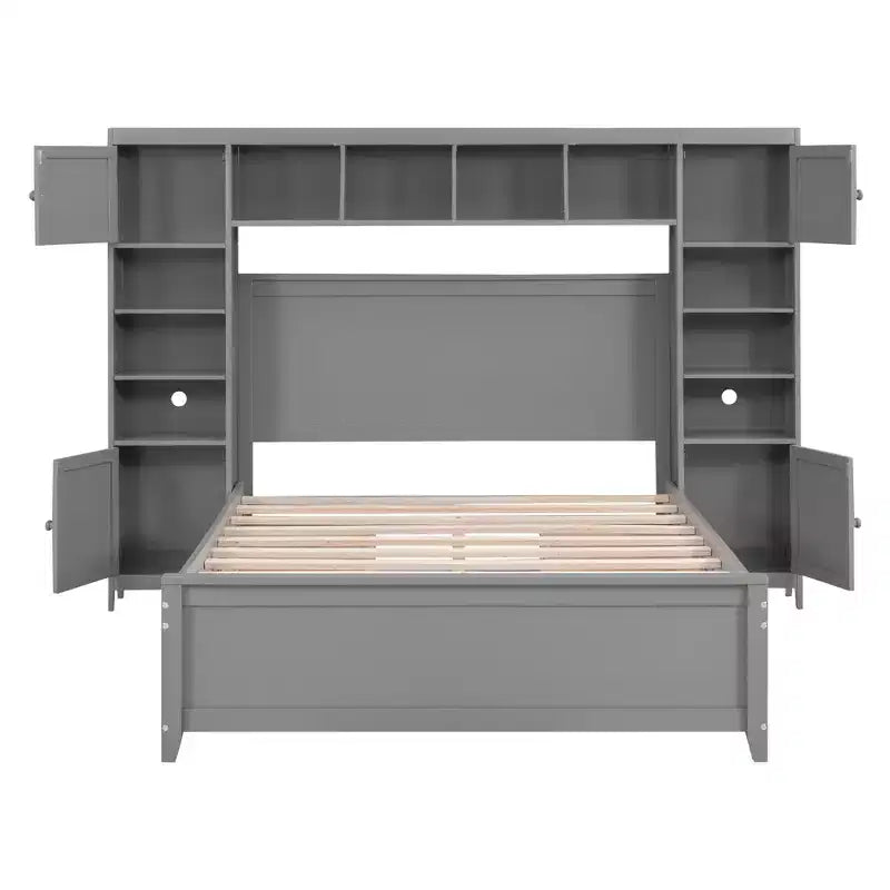 Lit double en bois avec meuble de rangement tout-en-un et 10 étagères