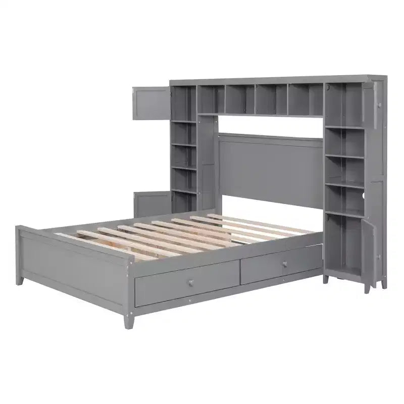Lit double en bois avec meuble de rangement tout-en-un et 10 étagères