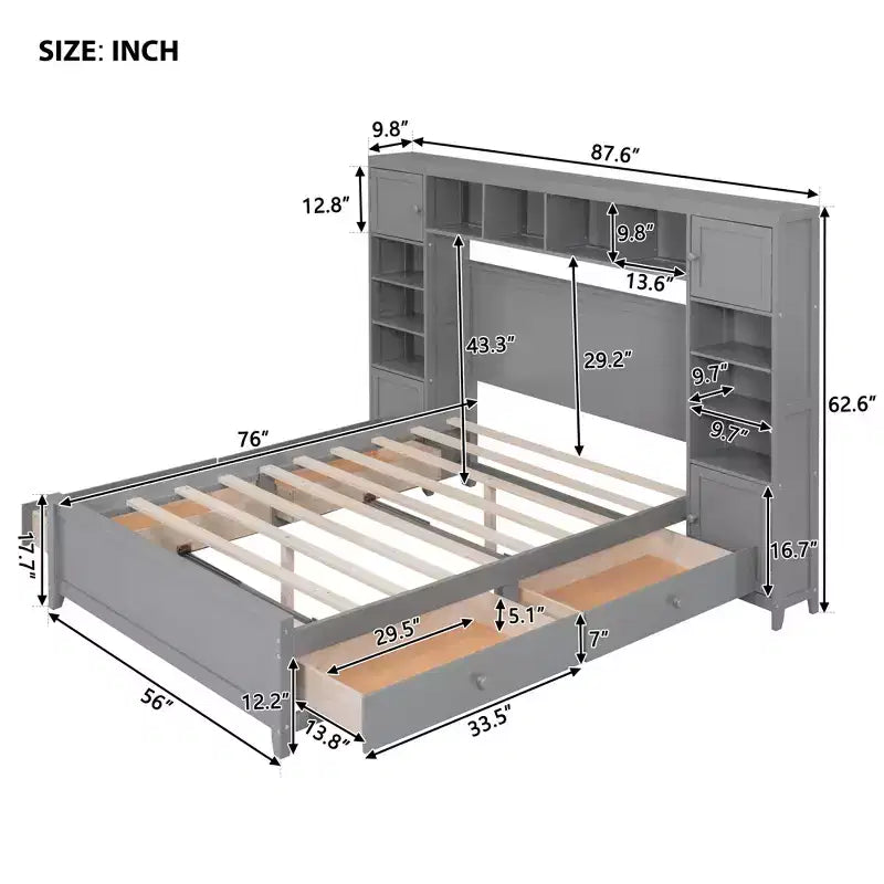 Lit double en bois avec meuble de rangement tout-en-un et 10 étagères
