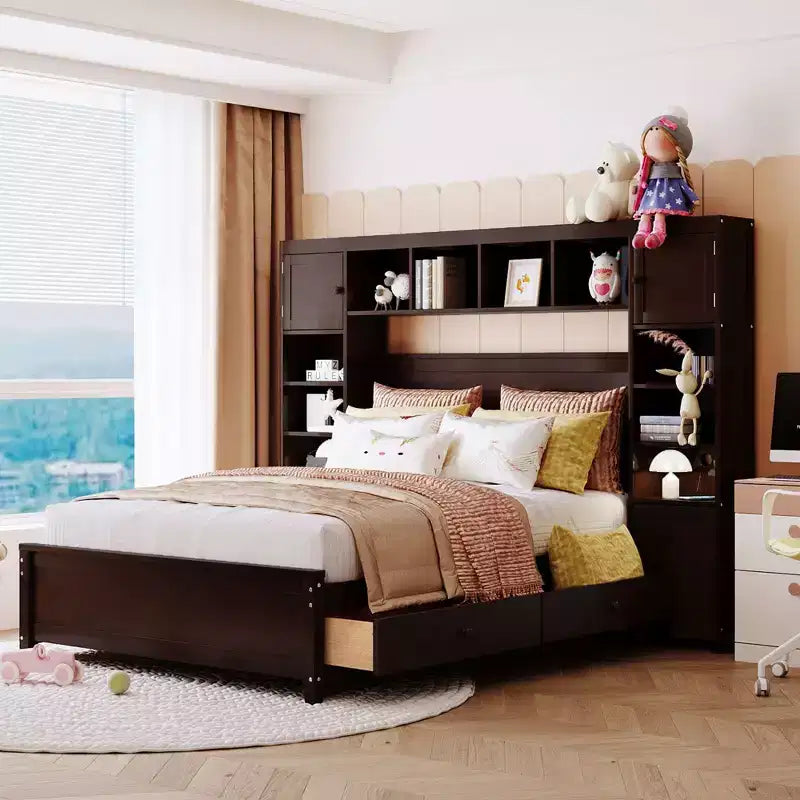 Lit double en bois avec meuble de rangement tout-en-un et 10 étagères