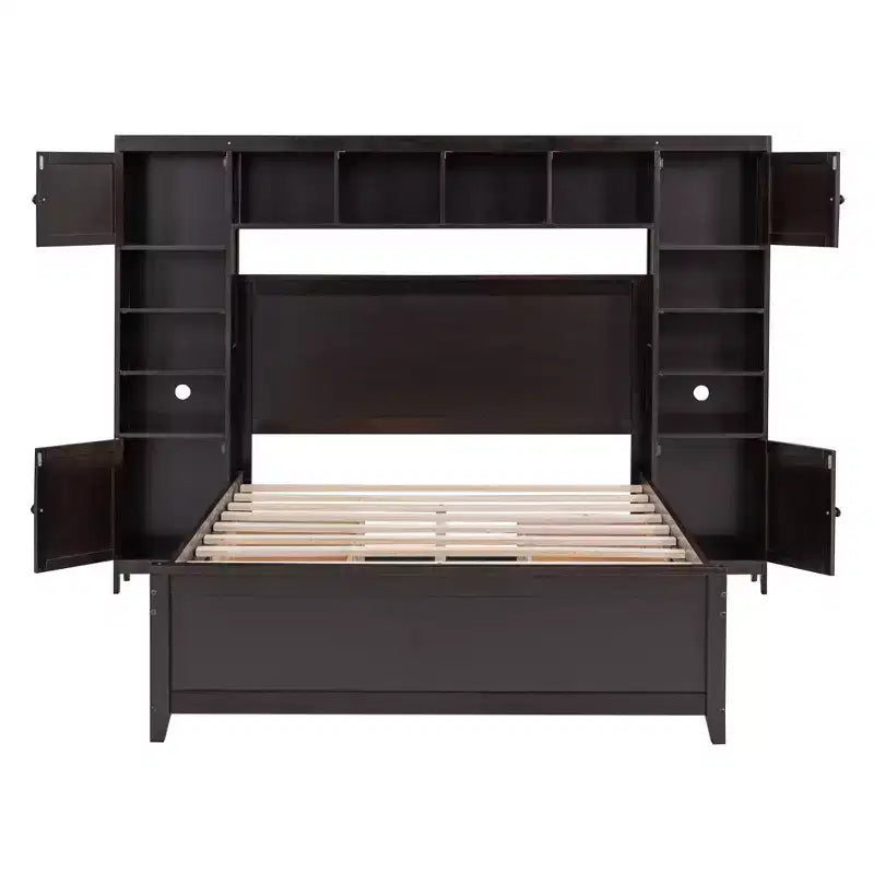Lit double en bois avec meuble de rangement tout-en-un et 10 étagères