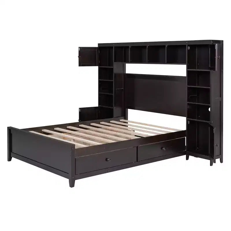 Lit double en bois avec meuble de rangement tout-en-un et 10 étagères