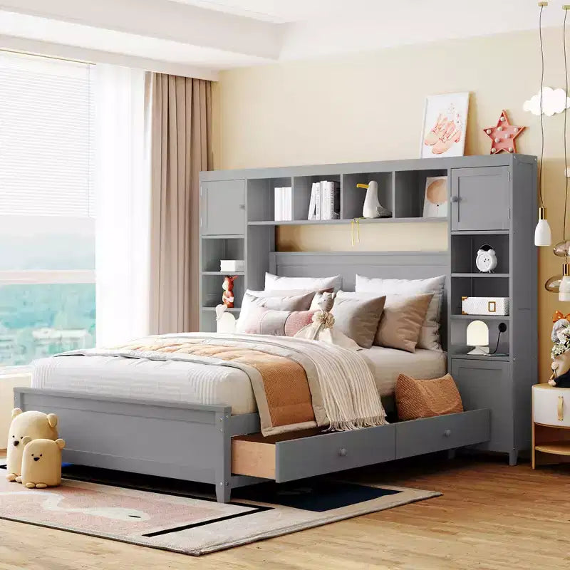 Lit double en bois avec meuble de rangement tout-en-un et 10 étagères