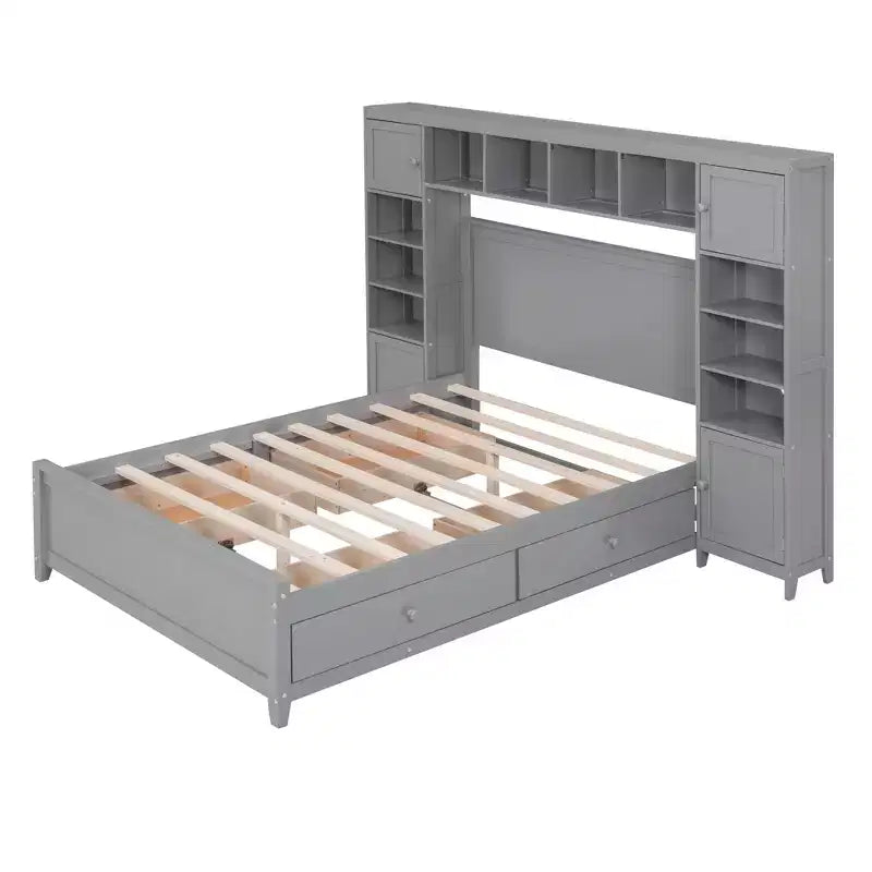 Lit double en bois avec meuble de rangement tout-en-un et 10 étagères