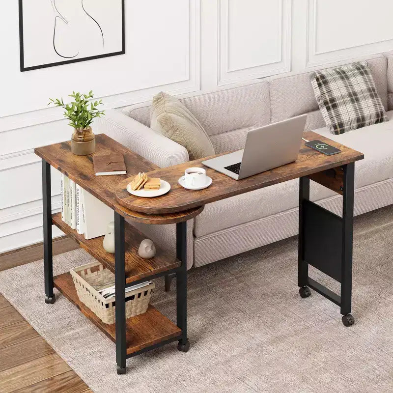 Table d'appoint pivotante à 360° avec station de charge et 3 niveaux de rangement