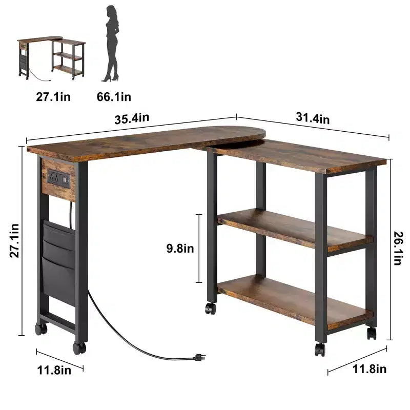 Table d'appoint pivotante à 360° avec station de charge et 3 niveaux de rangement