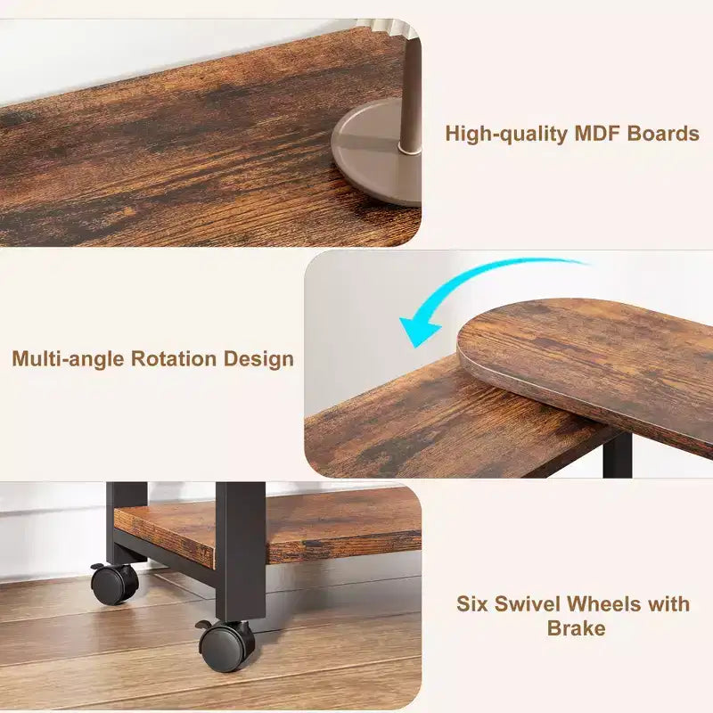 Table d'appoint pivotante à 360° avec station de charge et 3 niveaux de rangement