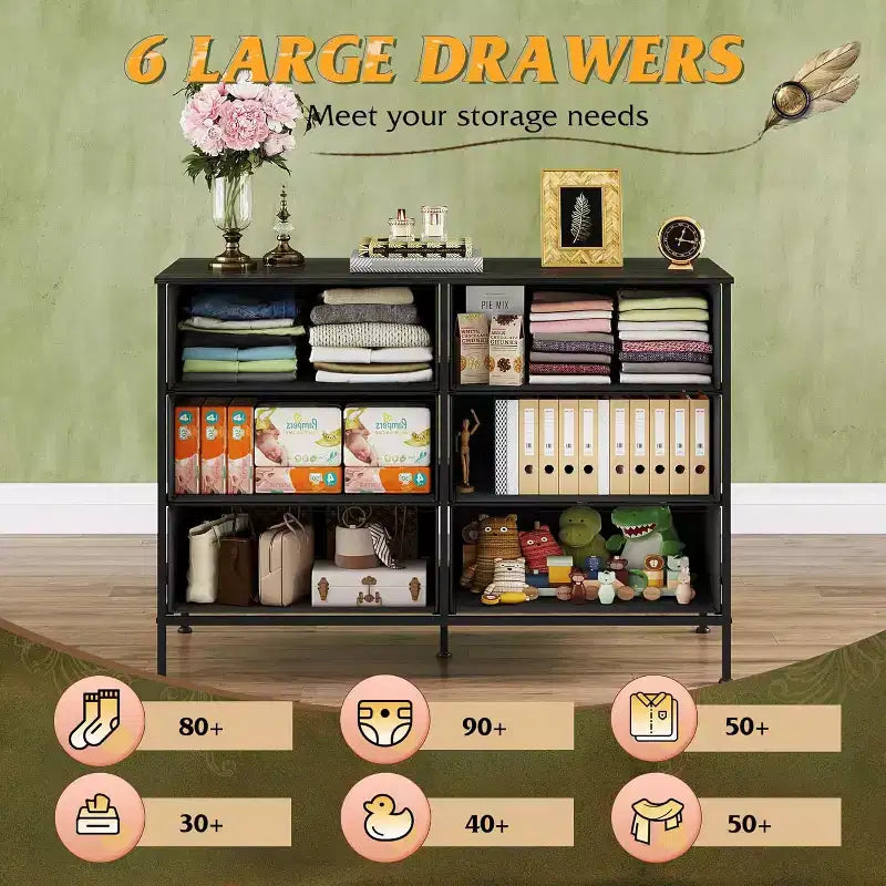 Grande commode à 6 tiroirs, Meuble TV pour téléviseur de 5 pouces, Centre de divertissement