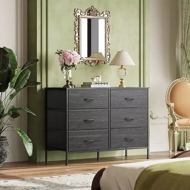 GALAXHERO Wide Dresser with 6 Drawers, TV Stand for 50 Inch TV, Entertainment Center with Metal Frame, Wooden Top, Fabric Storage Dresser for Bedroom