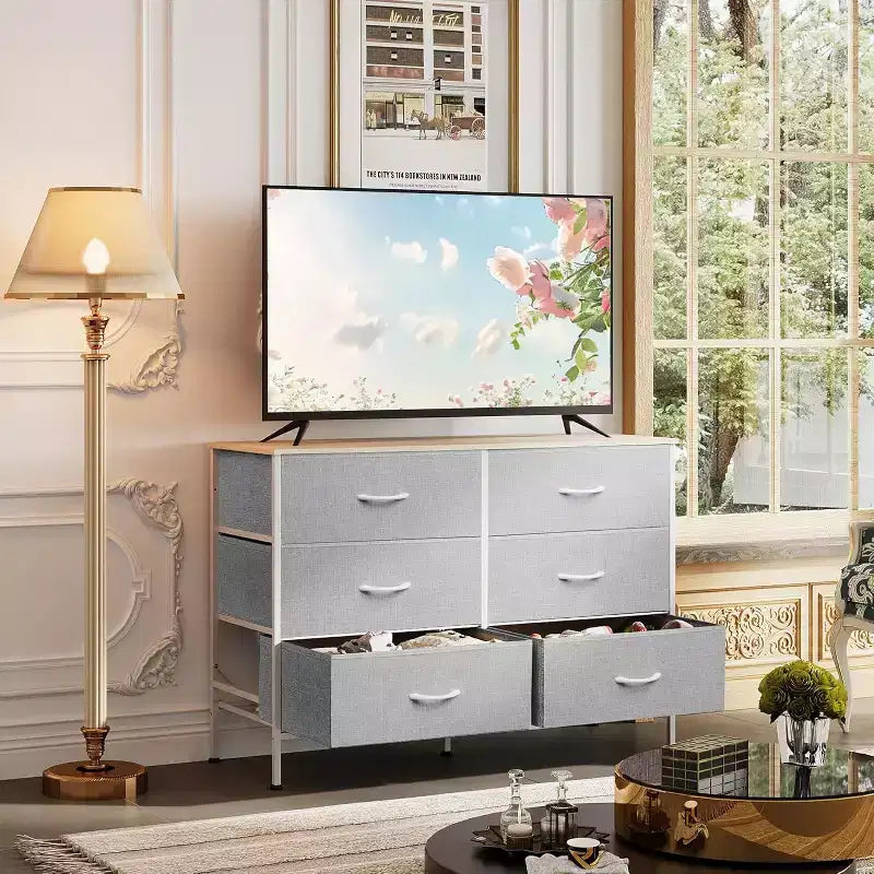 Grande commode à 6 tiroirs, Meuble TV pour téléviseur de 5 pouces, Centre de divertissement